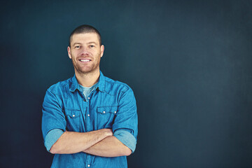 Portrait, businessman and happiness on studio backdrop for company development, journalism and...