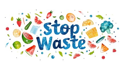 Dynamic Stop Food Waste Eco Campaign. Hand-drawn illustration with an assortment of vibrant vegetables and a bold "Stop Food Waste" banner, promoting environmental consciousness