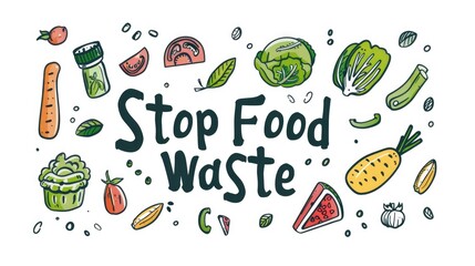 Dynamic Stop Food Waste Eco Campaign. Hand-drawn illustration with an assortment of vibrant vegetables and a bold "Stop Food Waste" banner, promoting environmental consciousness