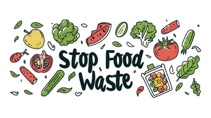 Dynamic Stop Food Waste Eco Campaign. Hand-drawn illustration with an assortment of vibrant vegetables and a bold "Stop Food Waste" banner, promoting environmental consciousness