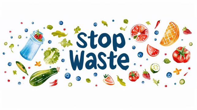 Dynamic Stop Food Waste Eco Campaign. Hand-drawn illustration with an assortment of vibrant vegetables and a bold "Stop Food Waste" banner, promoting environmental consciousness