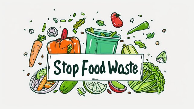 Dynamic Stop Food Waste Eco Campaign. Hand-drawn illustration with an assortment of vibrant vegetables and a bold "Stop Food Waste" banner, promoting environmental consciousness