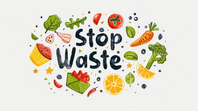 Dynamic Stop Food Waste Eco Campaign. Hand-drawn illustration with an assortment of vibrant vegetables and a bold "Stop Food Waste" banner, promoting environmental consciousness - Powered by Adobe