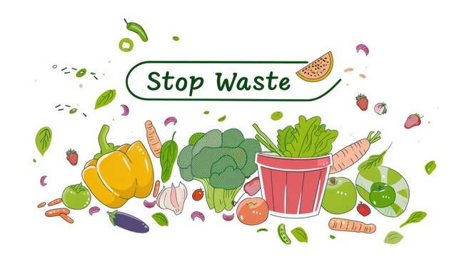 Dynamic Stop Food Waste Eco Campaign. Hand-drawn illustration with an assortment of vibrant vegetables and a bold "Stop Food Waste" banner, promoting environmental consciousness
