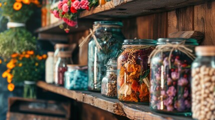 Fototapeta premium An of a wooden shelf filled with an assortment of jars filled with various dried flowers and herbs.