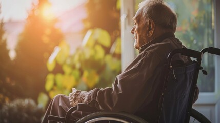 An old man sits in a wheelchair and stares out the window.