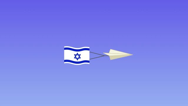 Paper plane with waving Israel flag flying in blue sky cartoon style 4k seamless animation. Airlines, travel, diplomacy, peace, aircraft concept flat design video