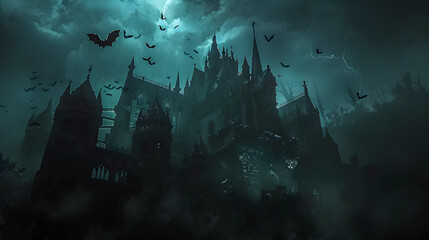 A dark fantasy gothic castle with bats flying around at night  - obrazy, fototapety, plakaty