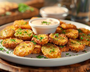 A plate of crispy fried pickles with a side of ranch dressing.