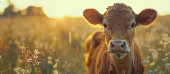 Brown Cow Standing in Tall Grass - obrazy, fototapety, plakaty