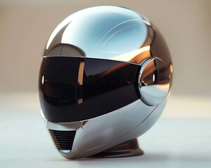 A silver futuristic motorcycle helmet with a black visor.