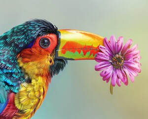 A colorful toucan with a flower in its beak.