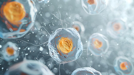 A detailed depiction of stem cell layouts on a gray canvas. with a gathering of cells at the core and tiny specks around them. The overall color theme is largely light gray