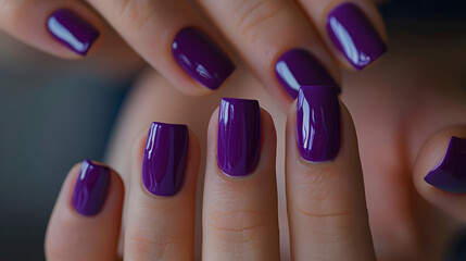 A detailed observation of the perfect purple manicure on elegant hands. featuring clean and glossy nails with royal purple nail polish for a regal look. 