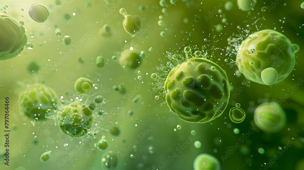 Poster a detailed view of plant cell composition against a green backdrop. with numerous cells congregating