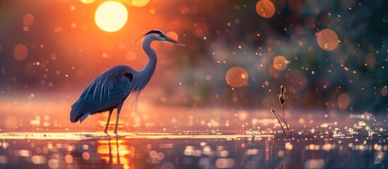 Obraz premium Heron Standing in Water at Sunset