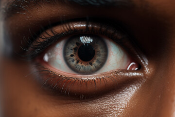 Naklejka premium Blue eye close-up. Vision-related professions. Topics related to vision. Sight problem. Image for graphic designer. Image for advertising. Photo of the eye. Black skin. Africa. African person.