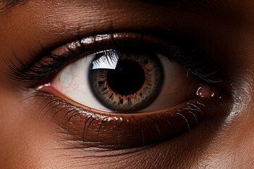 Naklejka premium Brown eye close-up. Vision-related professions. Topics related to vision. Sight problem. Image for graphic designer. Image for advertising. Photo of the eye. Black skin. Africa. African person.
