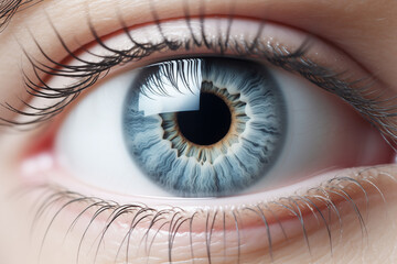 Blue eye close-up. Vision-related professions. Topics related to vision. Sight problem. Image for graphic designer. Image for advertising. Photo of the eye. White skin.