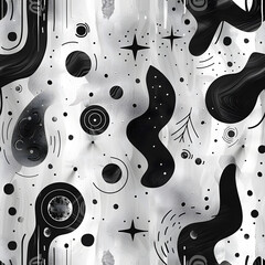 Abstract black and white fluid shapes and celestial elements on a white background. Modern art concept for wallpaper, textile, or poster design