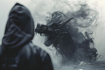 Person in hoodie confronts dragonlike demon made of black smoke. Concept Black Smoke Demon, Intense Confrontation, Hooded Figure, Fantasy Encounter, Dramatic Scene