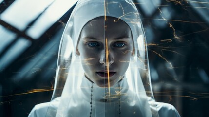 Mysterious woman in a white veil with intense gaze