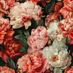 Seamless pattern of colorful peony flowers, photo-realistic
