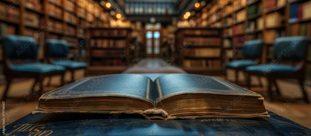 Poster a close-up view of an open book placed on a black table inside a library.