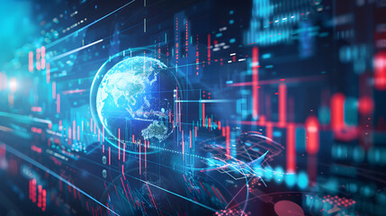 Fototapeta na wymiar A digital background featuring stock market charts and global business graphs. with blue hues and symbols of growth in the foreground. The globe is prominently displayed at its center