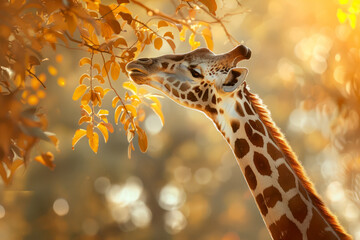 A towering giraffe stretches its long neck to reach the tender leaves of an acacia tree. - obrazy, fototapety, plakaty