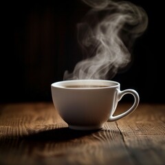 Steaming cup of coffee on a wooden table