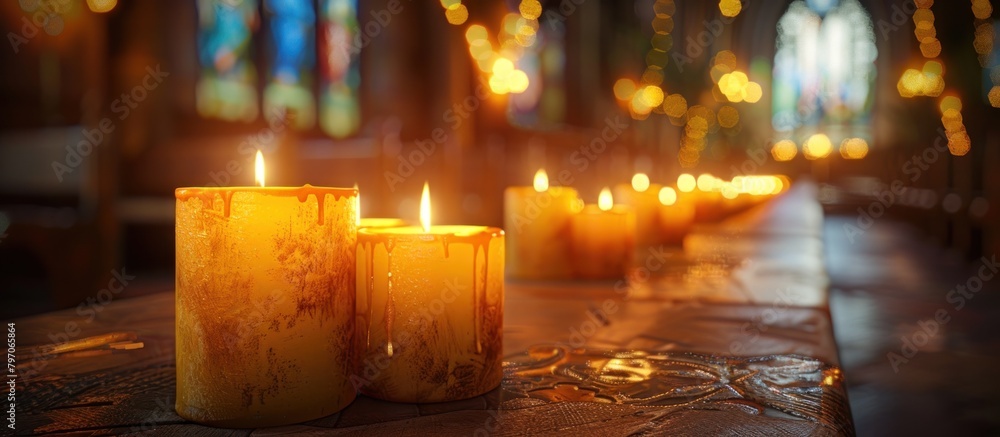 Aufkleber a row of candles illuminating a table in a church setting, creating a warm and solemn atmosphere.