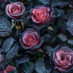 Seamless pattern of pink-black roses on a bush, with dew drops, photorealistic