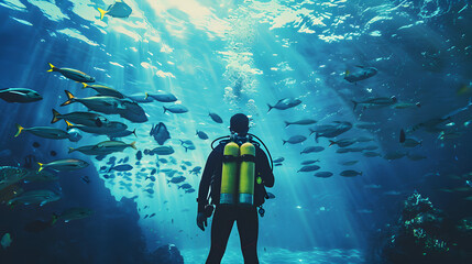 A diver in a black wetsuit and yellow diving gear. standing at the bottom of an ocean with fish swimming around