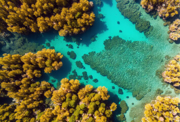 Naklejka na ściany i meble Spectacular overhead drone capture of sunlit coral reefs in shallow emerald waters. AI generated.