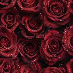 Seamless pattern of red roses covered with dew drops, close-up