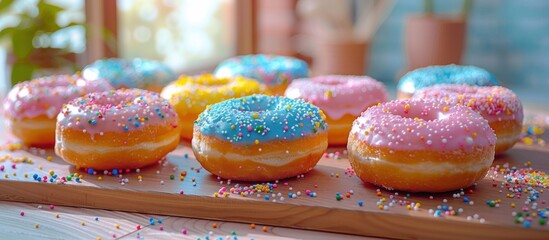 Numerous colorful donuts with various icings and sprinkles covering a table, creating a tempting display of sweet treats.