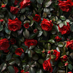 Seamless pattern of photo-realistic red roses on a bush