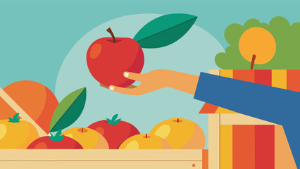 A hand reaches out to pluck a freshly picked apple from a farmers market stand supporting local agriculture and reducing their carbon