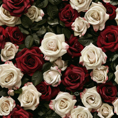 Seamless pattern of white and red roses with green leaves, photo-realistic