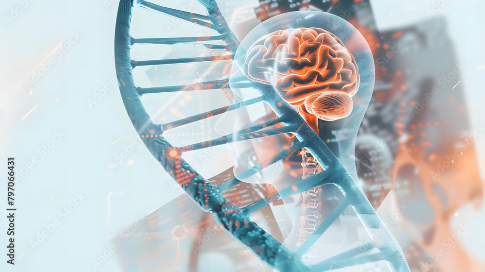 Poster a double helix of dna is in the foreground. and above it there is an illustration of half a human he