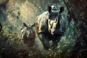A mother rhino leads her calf through the dense thicket.