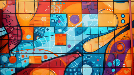 A dynamic graffiti on the wall of a community center. displaying radiant tints and patterns that enhance the metropolitan design.