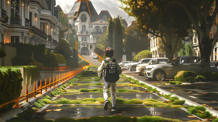 a European boy in white trousers and black haversack sprinting down the avenue towards the science lab. green moss on both sides of him with some oaks and mansions in the background - obrazy, fototapety, plakaty