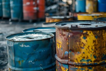 Barrels at hazardous waste disposal site show improper handling of toxic materials. Concept Environmental Issues, Hazardous Waste, Improper Disposal, Toxic Materials, Environmental Regulations