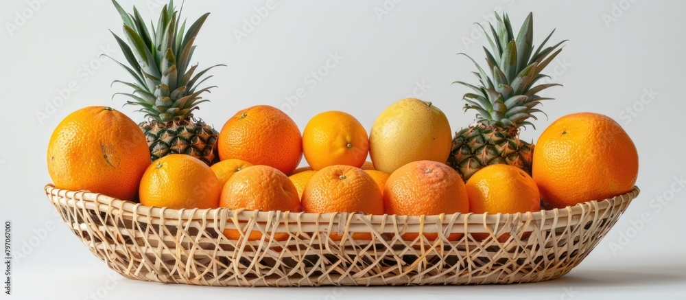 Poster wicker basket filled with oranges and pineapples
