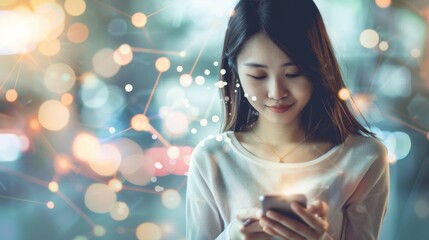 Young Asian woman using a smartphone with a futuristic technology background.