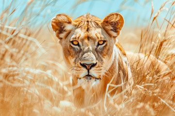 A lioness prowls through the tall grass of the savanna.