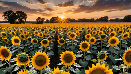 Obraz premium Field of blooming sunflowers on a sunset sky background.Generative AI