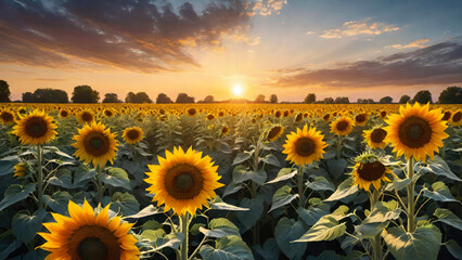 Field of blooming sunflowers on a sunset sky background.Generative AI